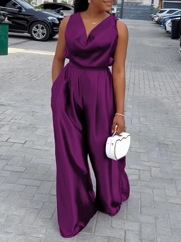 Loose Sleeveless Solid Color Deep V-Neck Jumpsuits - Image 2