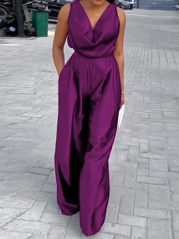 Loose Sleeveless Solid Color Deep V-Neck Jumpsuits - Image 3