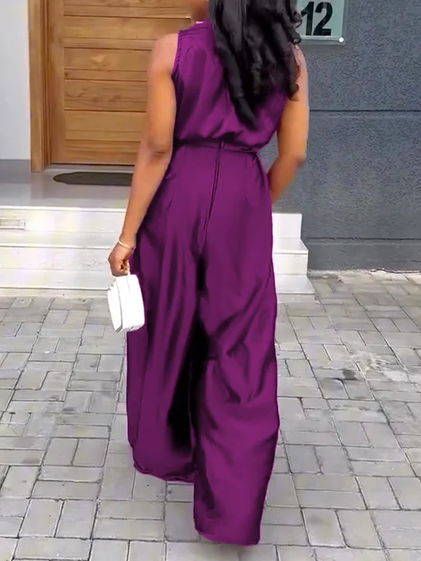 Loose Sleeveless Solid Color Deep V-Neck Jumpsuits - Image 4