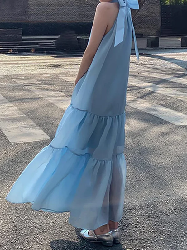 Loose Sleeveless Solid Color Halter-Neck Midi Dresses - Image 2