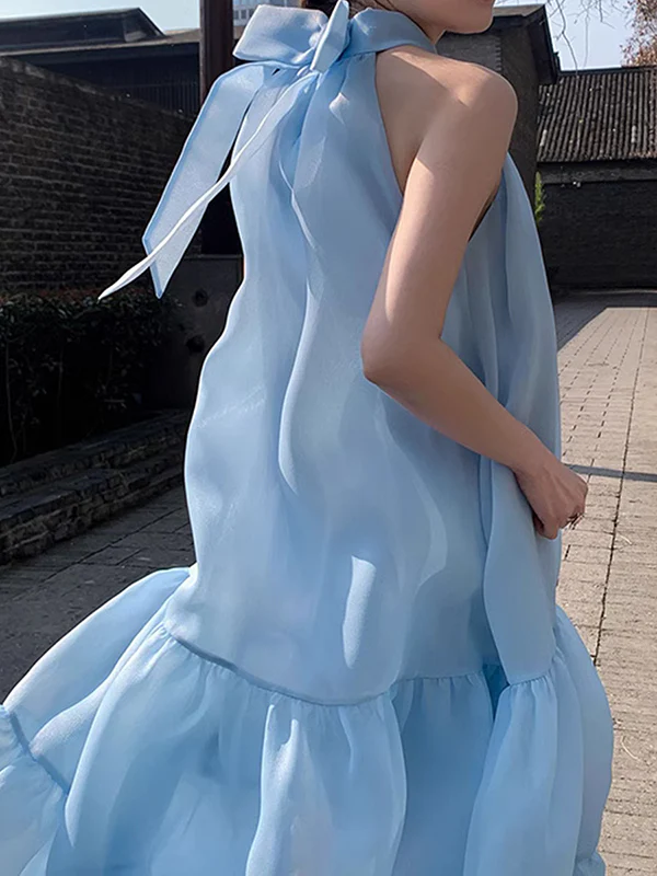 Loose Sleeveless Solid Color Halter-Neck Midi Dresses - Image 5