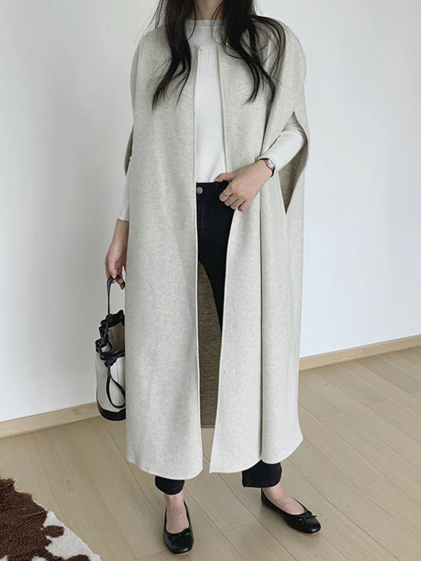 Loose Sleeveless Solid Color Round-Neck Cape Outerwear - Image 2