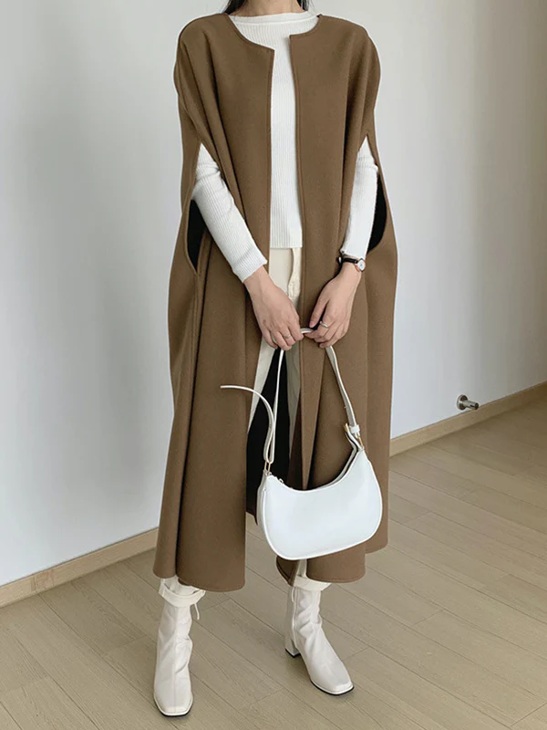 Loose Sleeveless Solid Color Round-Neck Cape Outerwear - Image 3