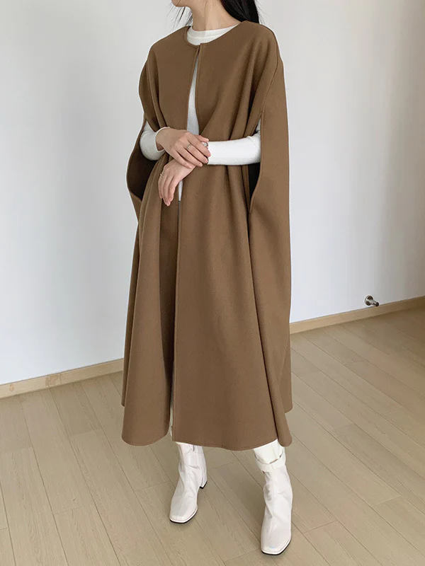 Loose Sleeveless Solid Color Round-Neck Cape Outerwear - Image 4