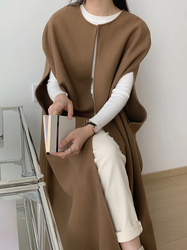Loose Sleeveless Solid Color Round-Neck Cape Outerwear - Image 5