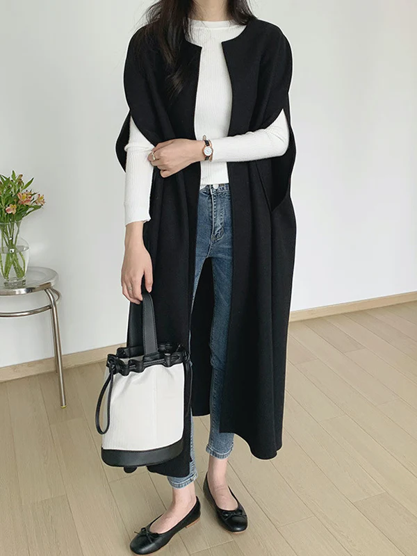 Loose Sleeveless Solid Color Round-Neck Cape Outerwear - Image 6