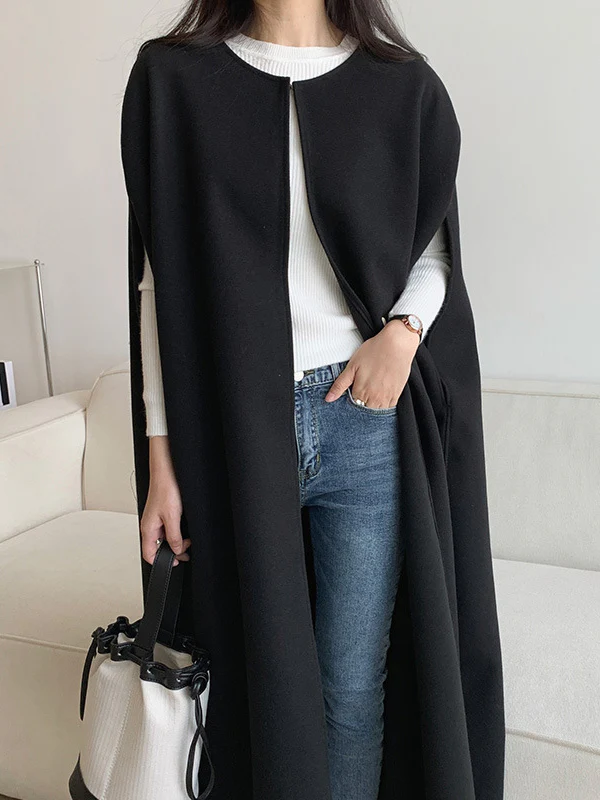 Loose Sleeveless Solid Color Round-Neck Cape Outerwear - Image 7