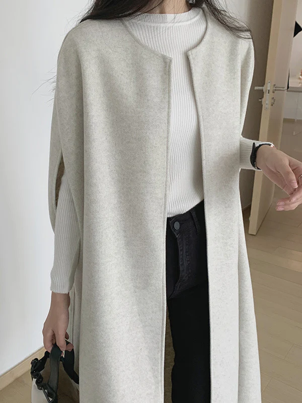 Loose Sleeveless Solid Color Round-Neck Cape Outerwear - Image 8