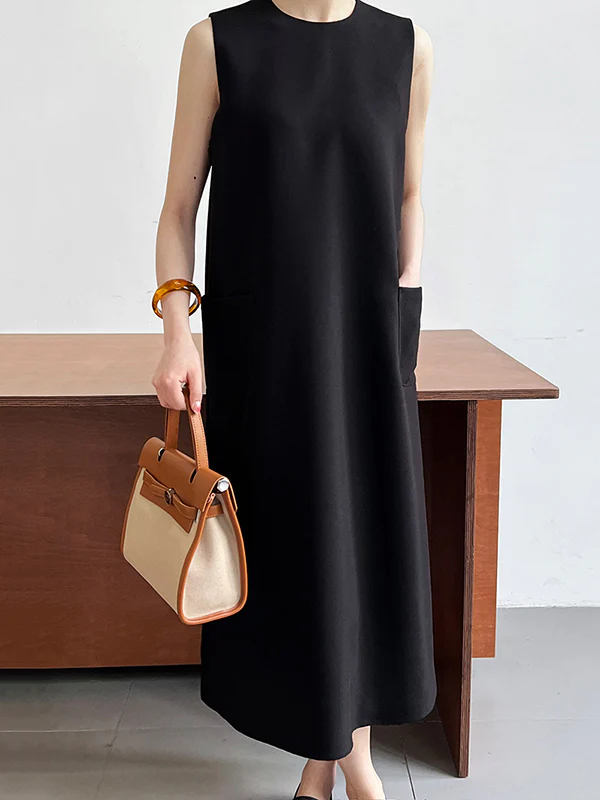 Loose Sleeveless Solid Color Round-Neck Midi Dresses - Image 2