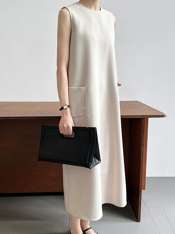 Loose Sleeveless Solid Color Round-Neck Midi Dresses - Image 3