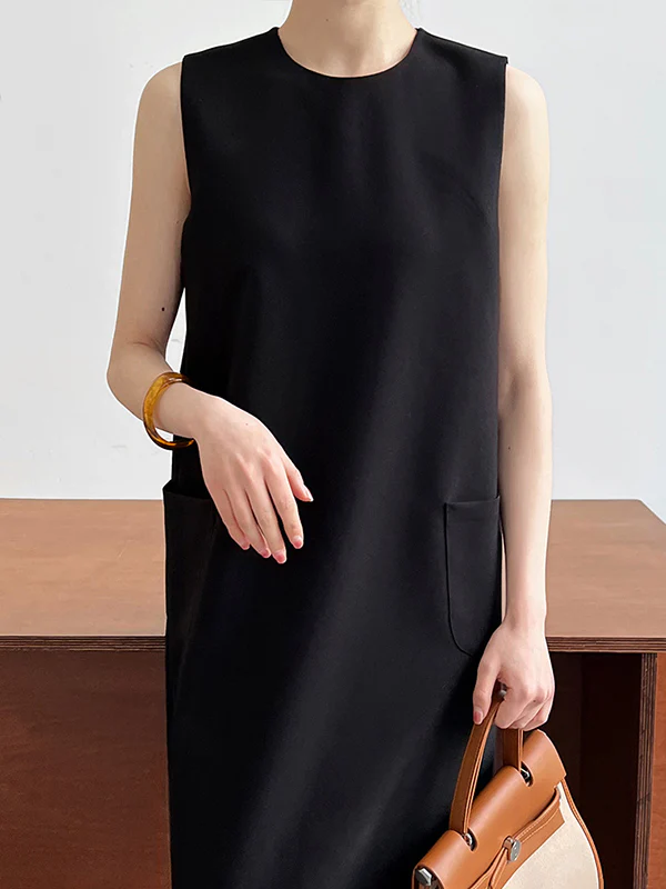 Loose Sleeveless Solid Color Round-Neck Midi Dresses - Image 4