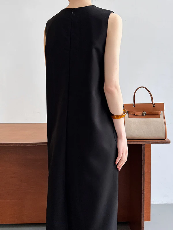 Loose Sleeveless Solid Color Round-Neck Midi Dresses - Image 8