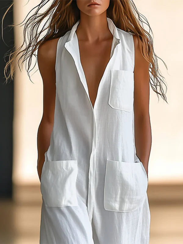 Loose Sleeveless Solid Color Split-Joint Round-Neck Jumpsuits - Image 2
