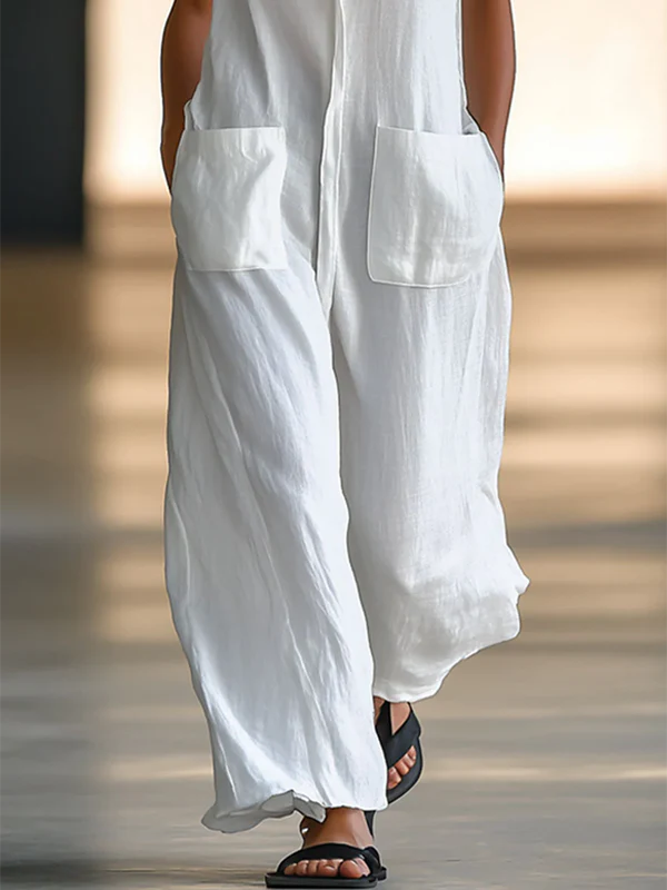 Loose Sleeveless Solid Color Split-Joint Round-Neck Jumpsuits - Image 3