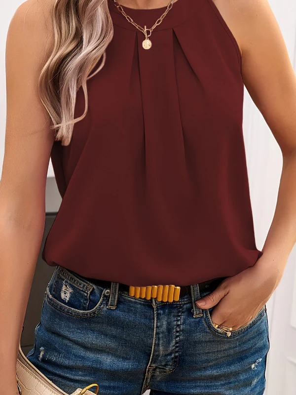 Loose Sleeveless Solid Color Split-Joint Round-Neck Vest Top - Image 5