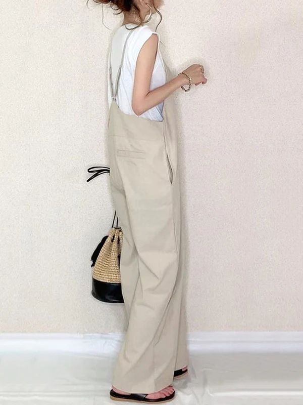 Loose Sleeveless Solid Color Split-Joint Spaghetti-Neck Overalls - Image 2