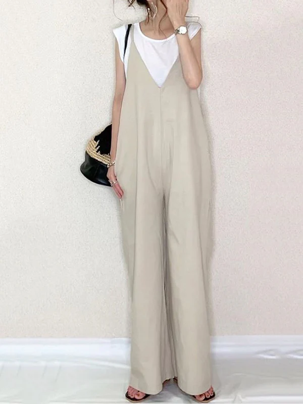 Loose Sleeveless Solid Color Split-Joint Spaghetti-Neck Overalls - Image 3