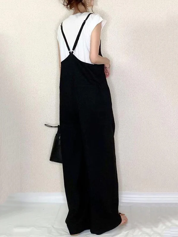 Loose Sleeveless Solid Color Split-Joint Spaghetti-Neck Overalls - Image 4