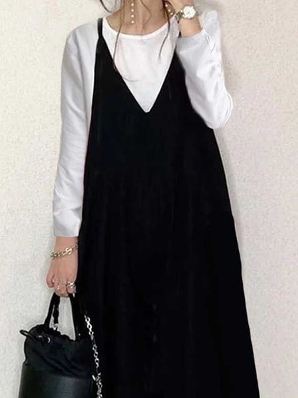 Loose Sleeveless Solid Color Split-Joint Spaghetti-Neck Overalls - Image 5