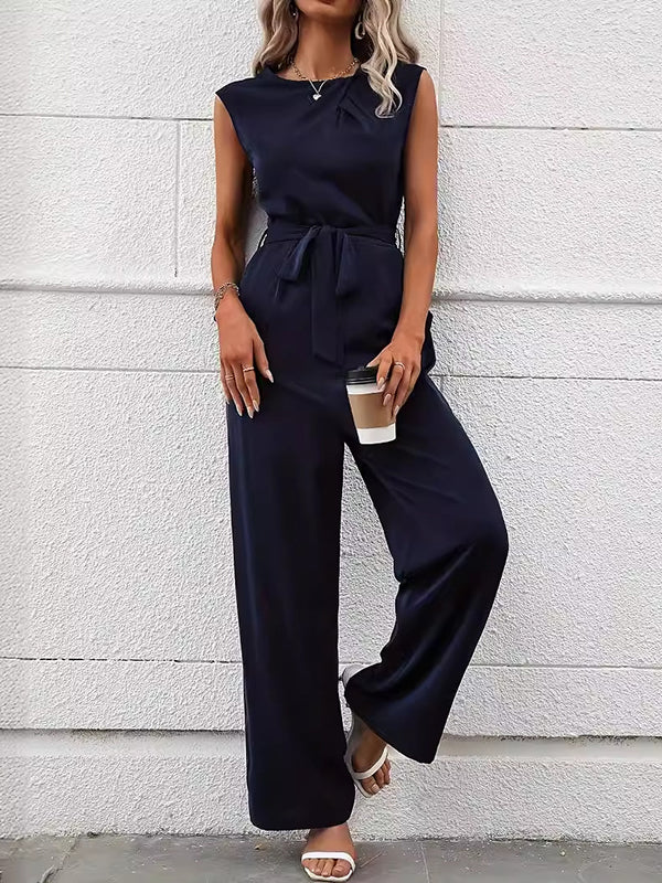 Loose Sleeveless Solid Color Split-Joint Tied Waist Round-Neck Jumpsuits - Image 2