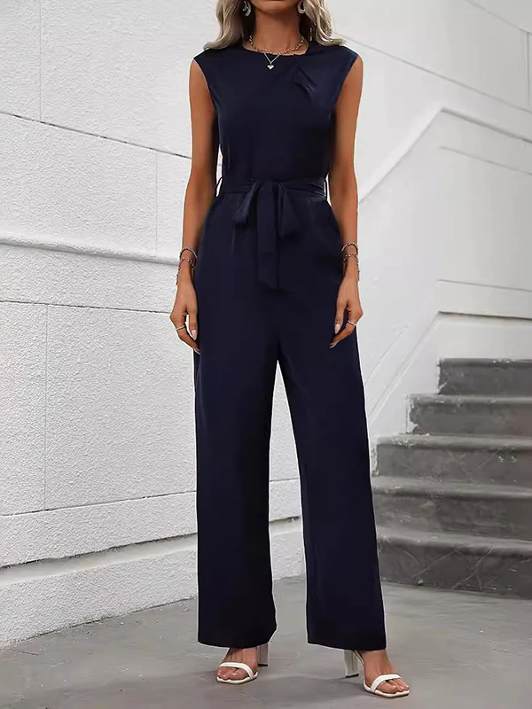 Loose Sleeveless Solid Color Split-Joint Tied Waist Round-Neck Jumpsuits - Image 3