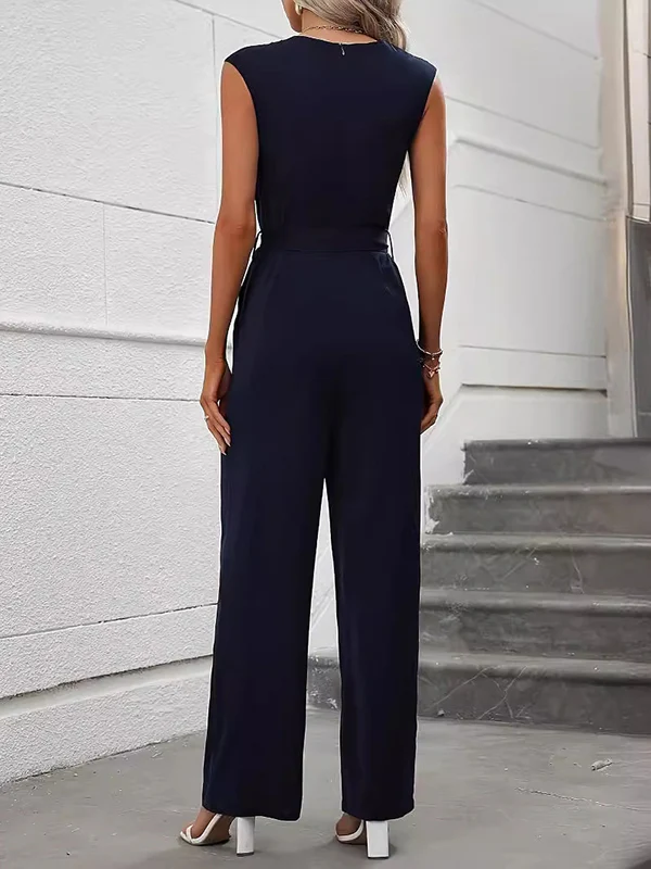 Loose Sleeveless Solid Color Split-Joint Tied Waist Round-Neck Jumpsuits - Image 4