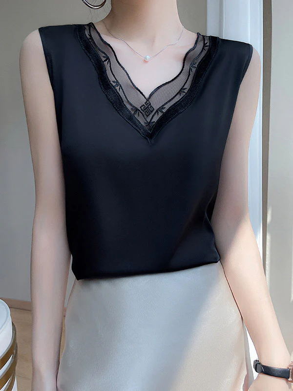 Loose Sleeveless Solid Color Split-Joint V-Neck Vest Top - Image 2