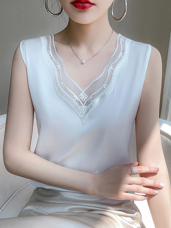 Loose Sleeveless Solid Color Split-Joint V-Neck Vest Top - Image 5