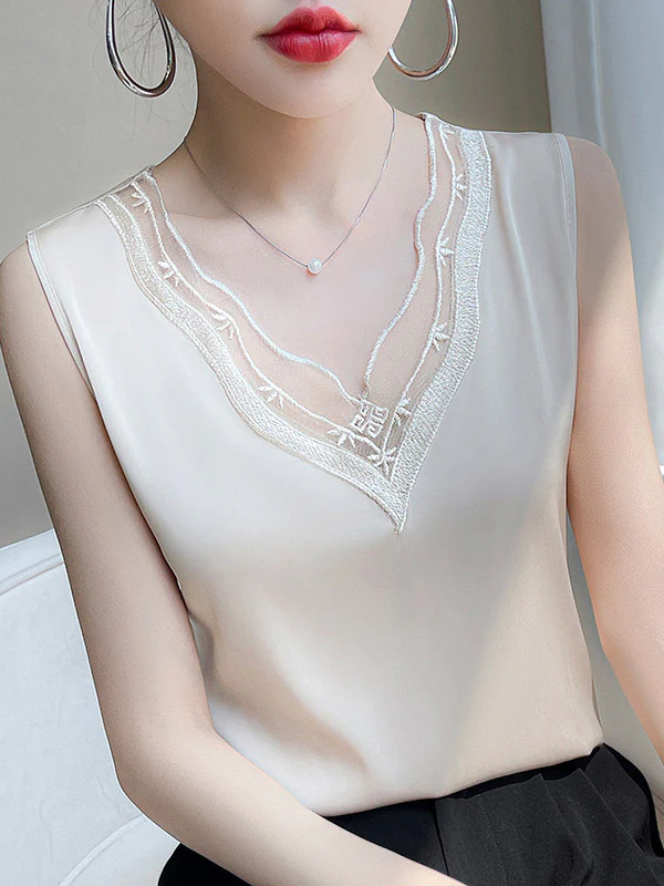 Loose Sleeveless Solid Color Split-Joint V-Neck Vest Top - Image 6
