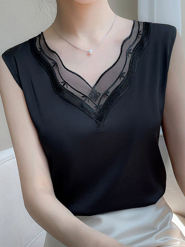 Loose Sleeveless Solid Color Split-Joint V-Neck Vest Top - Image 9