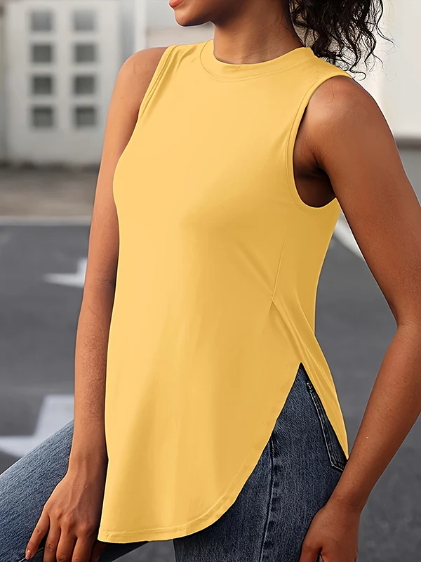 Loose Sleeveless Solid Color Split-Side Round-Neck Cover-Ups Tops Vest Top - Image 10