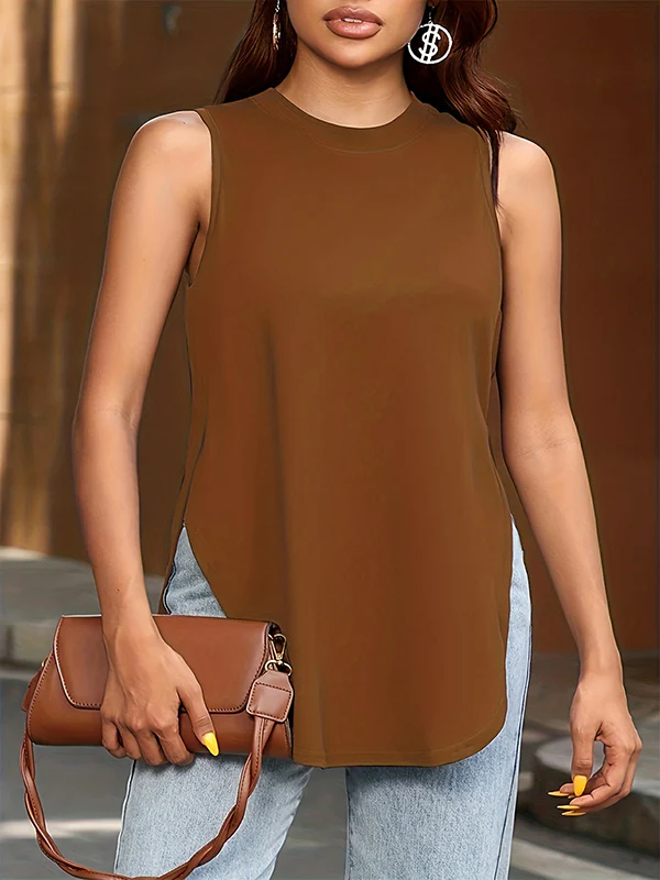 Loose Sleeveless Solid Color Split-Side Round-Neck Cover-Ups Tops Vest Top - Image 13