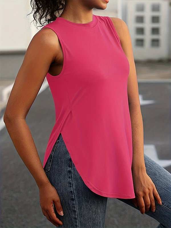 Loose Sleeveless Solid Color Split-Side Round-Neck Cover-Ups Tops Vest Top - Image 16