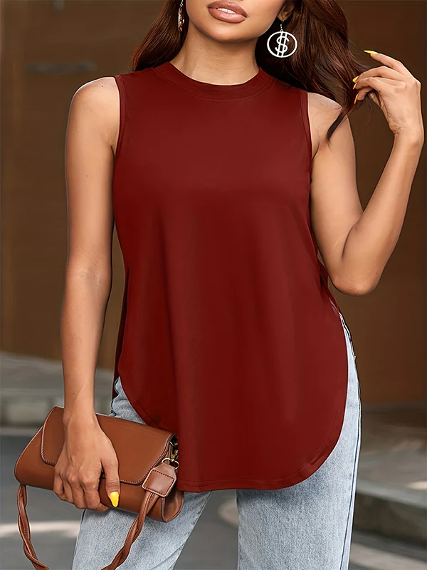 Loose Sleeveless Solid Color Split-Side Round-Neck Cover-Ups Tops Vest Top - Image 17