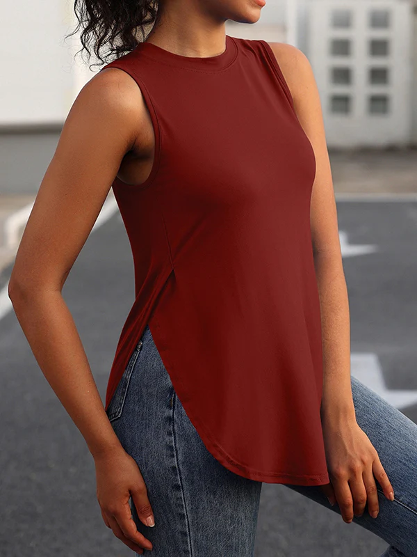 Loose Sleeveless Solid Color Split-Side Round-Neck Cover-Ups Tops Vest Top - Image 18