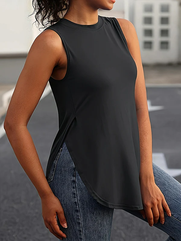 Loose Sleeveless Solid Color Split-Side Round-Neck Cover-Ups Tops Vest Top - Image 19