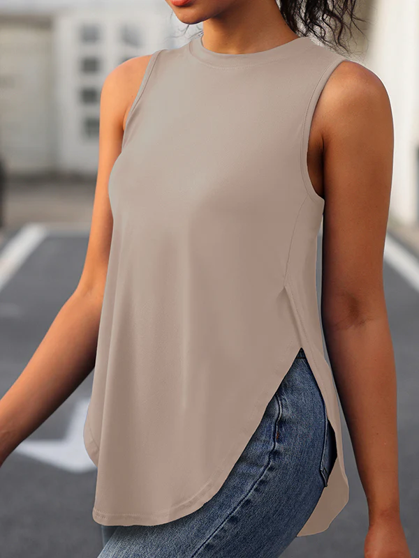 Loose Sleeveless Solid Color Split-Side Round-Neck Cover-Ups Tops Vest Top - Image 2
