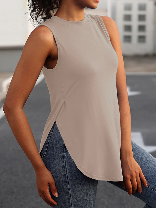 Loose Sleeveless Solid Color Split-Side Round-Neck Cover-Ups Tops Vest Top - Image 26