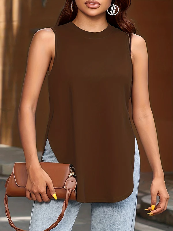 Loose Sleeveless Solid Color Split-Side Round-Neck Cover-Ups Tops Vest Top - Image 27