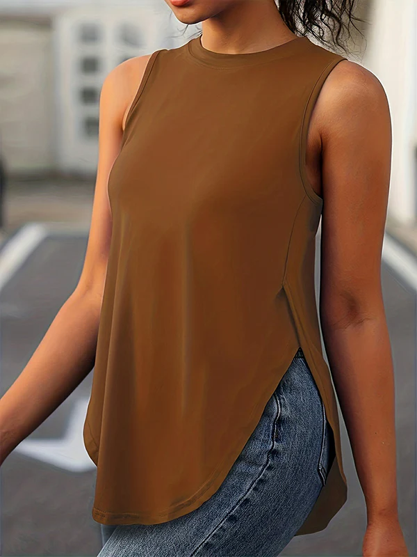 Loose Sleeveless Solid Color Split-Side Round-Neck Cover-Ups Tops Vest Top - Image 8