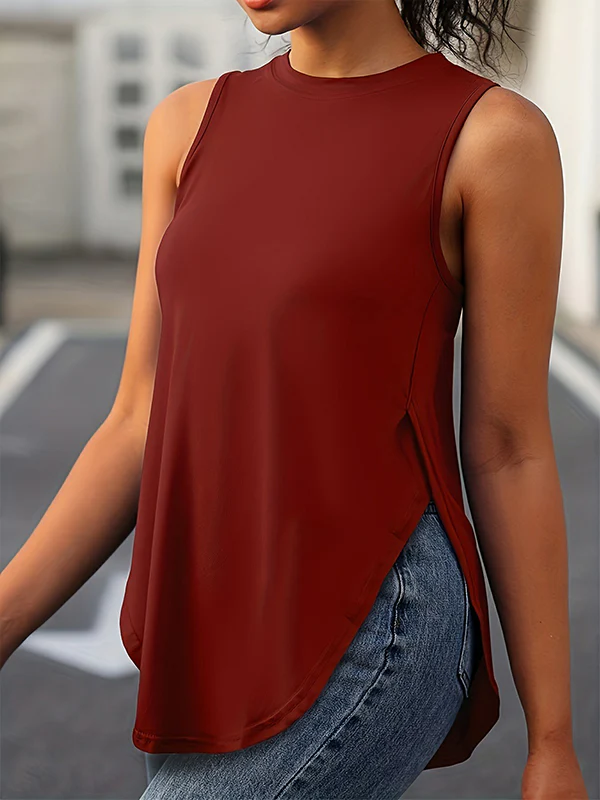 Loose Sleeveless Solid Color Split-Side Round-Neck Cover-Ups Tops Vest Top - Image 9