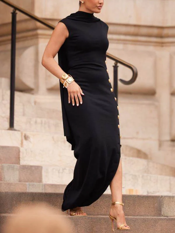 Loose Sleeveless Solid Color Split-side Shawl Collar Maxi Dresses - Image 4