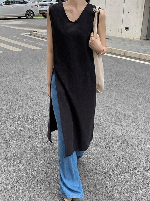 Loose Sleeveless Solid Color Split-side V-neck Vest Top - Image 2