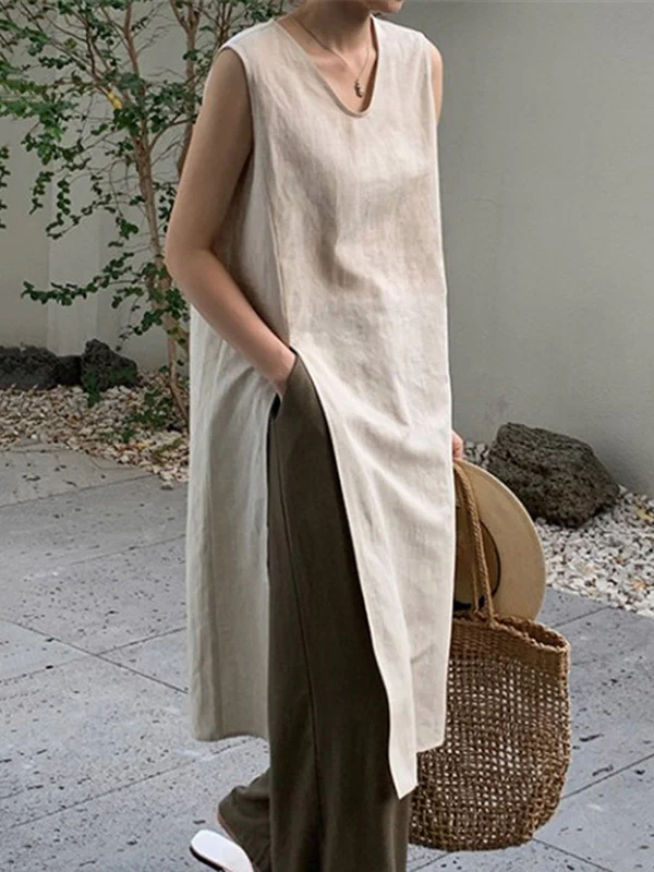 Loose Sleeveless Solid Color Split-side V-neck Vest Top - Image 3