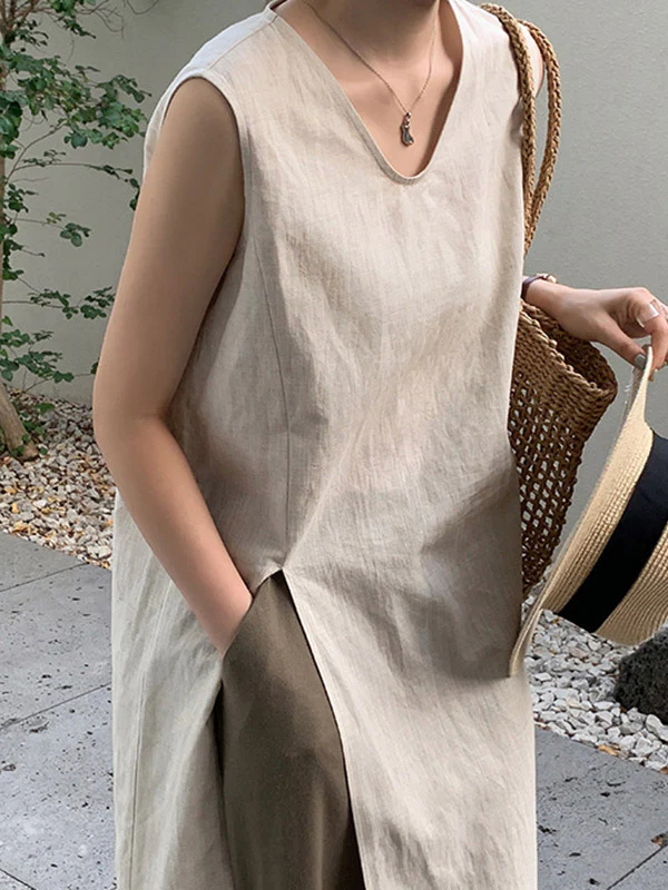 Loose Sleeveless Solid Color Split-side V-neck Vest Top - Image 5