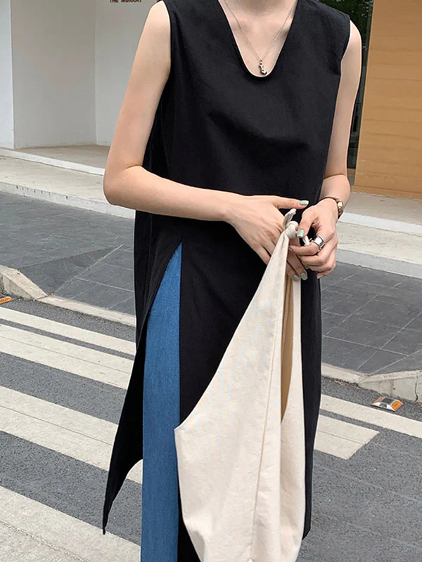 Loose Sleeveless Solid Color Split-side V-neck Vest Top - Image 6