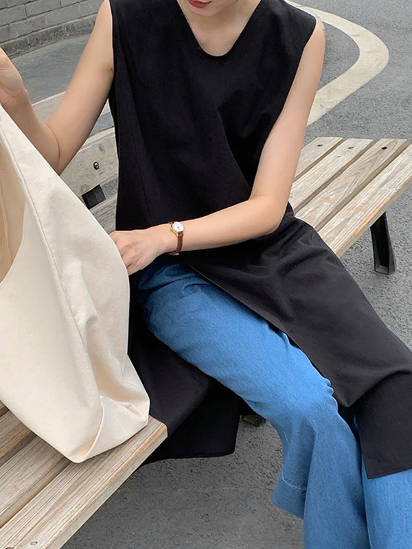 Loose Sleeveless Solid Color Split-side V-neck Vest Top - Image 7