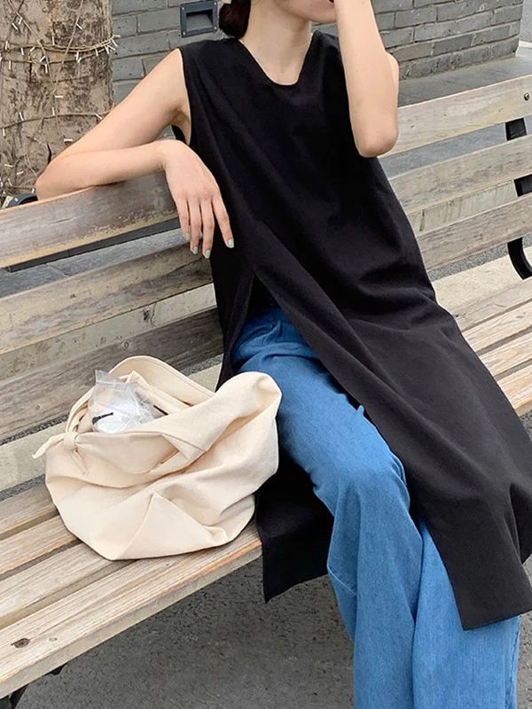 Loose Sleeveless Solid Color Split-side V-neck Vest Top - Image 8
