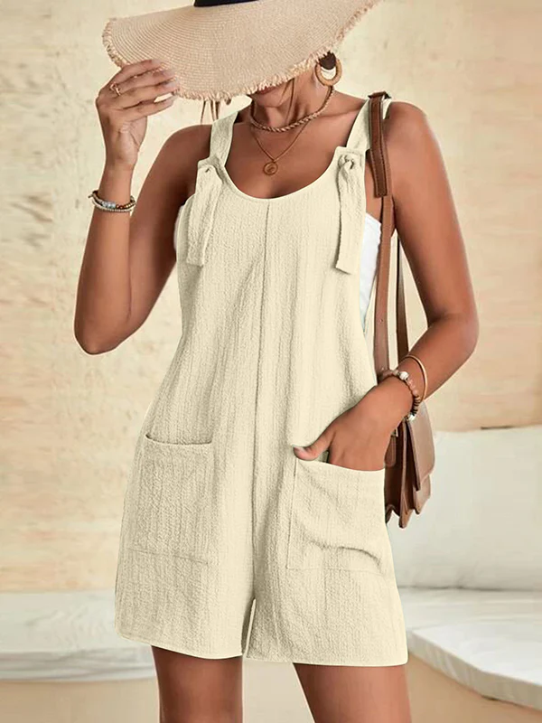Loose Sleeveless Solid Color U-Neck Rompers - Image 8