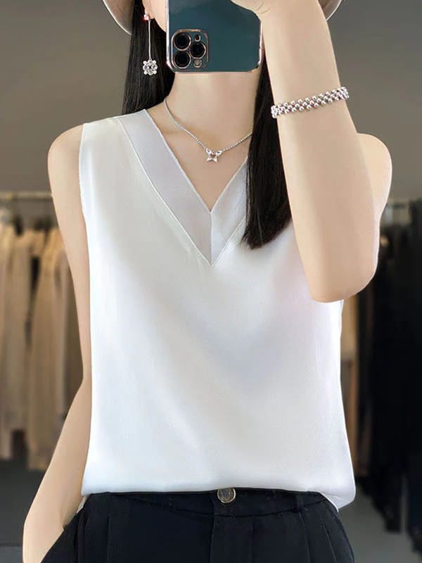 Loose Sleeveless Solid Color V-Neck Vest Top - Image 15